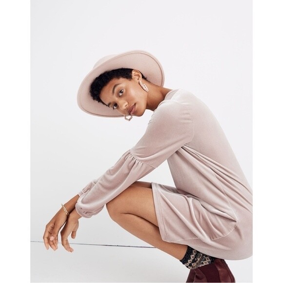 madewell pink velvet dress Madewell Womens Small Velvet Long Balloon Sleeve Dress V Neck Nude Color Beige