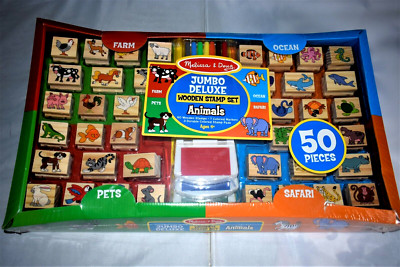 Melissa And Doug Jumbo Deluxe Wood  Stamp Set Animals 40 Stamps 7 Markers 