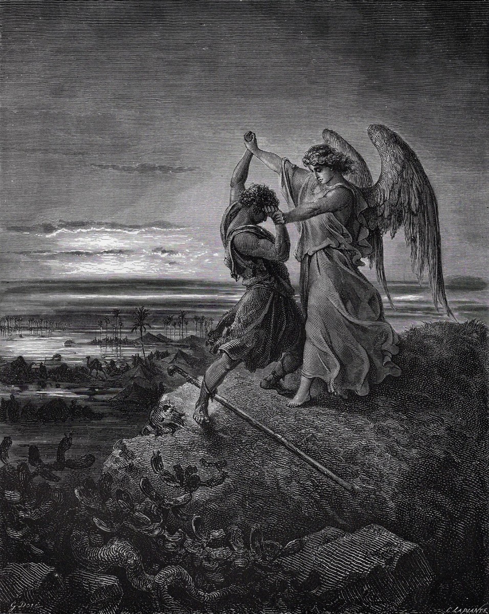FRAMED 1800s Gustave Dore Biblical Woodcut JACOB Wrestling the