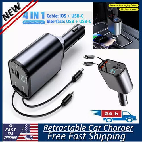 Retractable Car Charger 4 in 1 Fast Car Phone Charger 120W with USB Type C Cable Retractable Car Charger 4 in 1 Fast Car Phone Charger 120W with USB Type C Cable