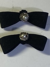 VTG Shoe Clip Set 2 Black Ribbon Clear Rhinestones  Pearl