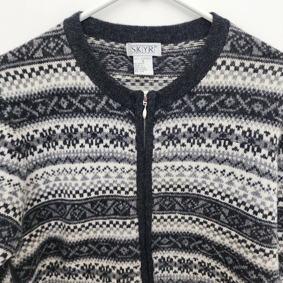 Cárdigan suéter vintage SKYR 100 % lana de cordero GRIS estampado nórdico talla S cremallera completa Foto 3 de 4