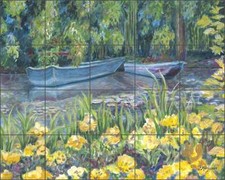 Ceramic Tile Mural Backsplash Margosian Monet Blue Boats Landscape Art JM014
