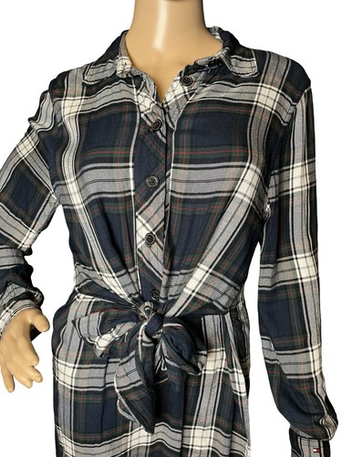 TOMMY HILFIGER 6 PLAID URBAN FOLKLORE BUTTON TIE FRONT SHIRT NAVY DRESS - Picture 3 of 10
