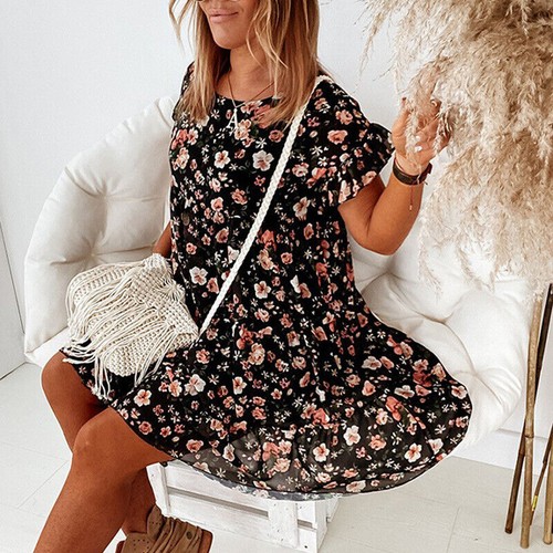 Women Short Sleeve Floral Midi Dress Ladies Casual Loose Boho Ruffle Swing Dress - Picture 24 of 26