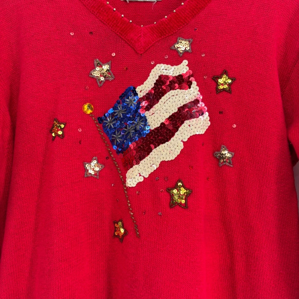 Quaker Factory American Flag Sweater Patriotic Stars Sequin Women L Red VTG - Image 3 of 4