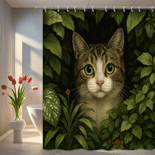 Cute Cat Shower Curtain in Green Leaves Design