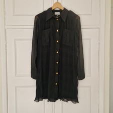 GANNI Black Pleated Georgette Long Sleeve Gold-Button Shirt Dress UK 12-14 
