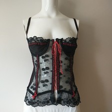 Vtg 80s Undercover Wear Corset Bustier Womens 36 Black Red Floral Lace Up Hook