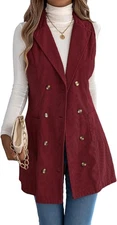 Women's Long Vest Sleeveless Notched Lapel Collar Doule Breasted Corduroy Jacket