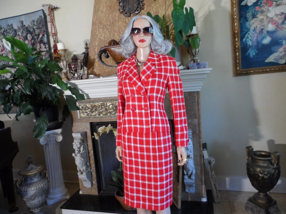 Traje Falda Christian Dior Rojo/Blanco Cuadros Doble Pecho Talla 6 Foto 3 de 4
