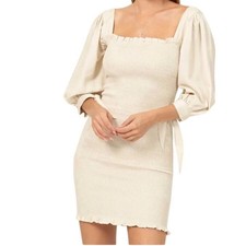 NWOT Smocked Puff Sleeve Square Neck Bodycon Mini Dress Beige SZ M Boho Wedding
