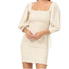 NWOT Smocked Puff Sleeve Square Neck Bodycon Mini Dress Beige SZ M Boho Wedding