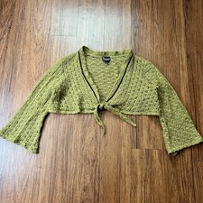 Vintage Y2K 90s Crochet Bolero Cardigan Top XL Olive Green Wool Blend Fairy Boho