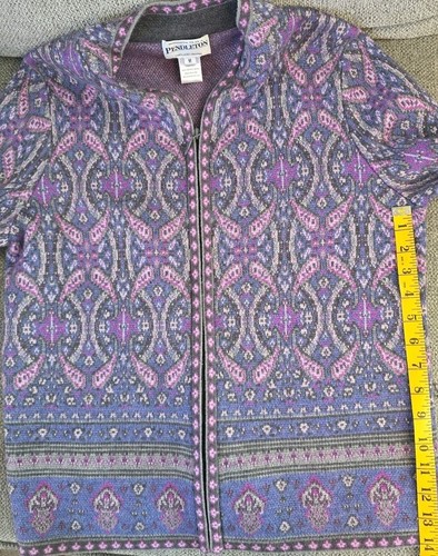 VTG Pendleton Womens Merino Wool Cardi Zip Sweater Purple Paisley Grandmacore M - Picture 12 of 12