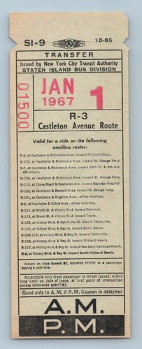 NYCTA Staten Island Bus Div Jan 1 1967 SI-9 Castleton Avenue Rt Transfer #01500
