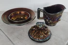 Pretty Purple Northwood Carnival Glass Acorn Burrs Pattern Creamer, Lid & Dish