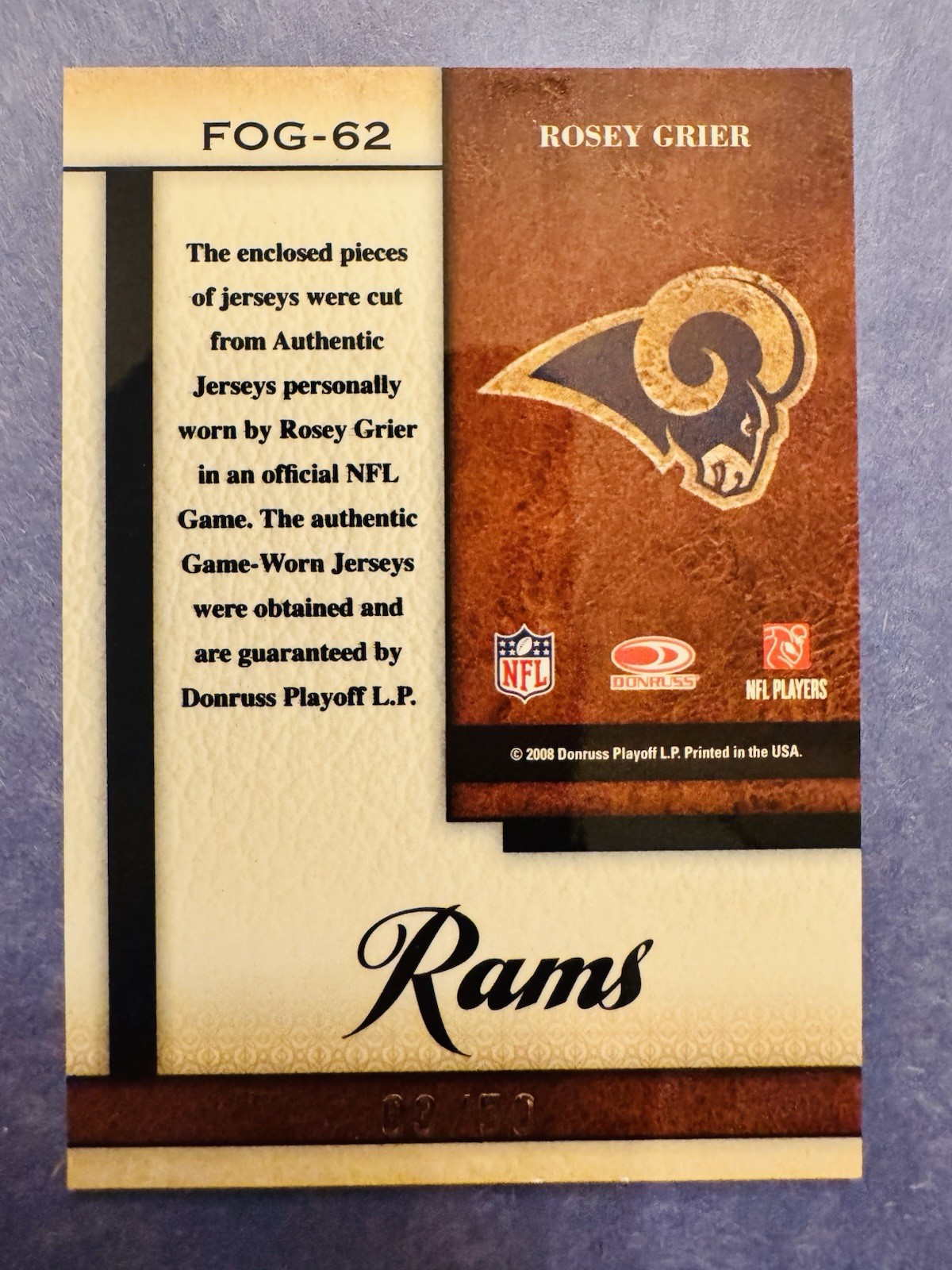 2008 Certified Fabric Of The Game ROSEY GRIER Game Worn Jersey 03/50 RAMS view 2