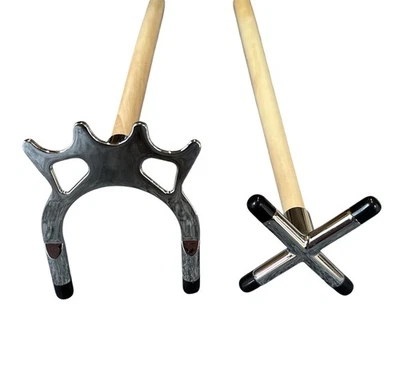 2 x 57" 2 PIECE POOL SNOOKER CUES + CHROME CROSS & BRIDGE REST For HOME TABLES - Image 1 of 2