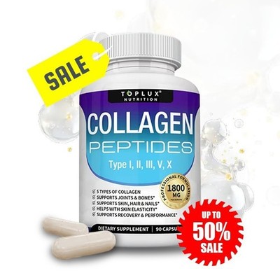 NEW Premium Collagen Peptides 1800 MG Hydrolyzed Anti-Aging - Types I,II,III,V,X