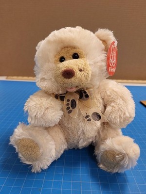Fiesta Plush Teddy Bear Cream Tan Paw Print Ribbon Bow 8 Inch Sitting Stuffed An