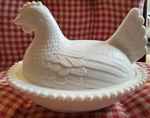 Vintage Indiana White Milk Glass Chicken Hen on Nest Covered Bowl Candy Dish