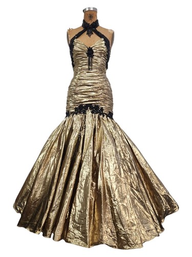 Vtg 80s Prom Dress XS Mermaid Gold Lame Halter Metallic Ruched Pageant Gown - Picture 3 of 19