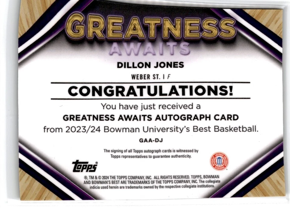 2023-24 Bowman's Best U Basketball Gold Greatness Awaits Dillion Jones Auto - Image 2 of 2