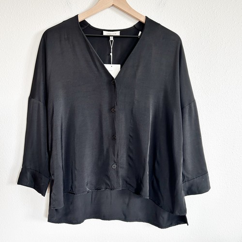 NWT Lafayette 148 Shirt Womens S Button Up Blouse Boxy Black Satin Drop Sleeve