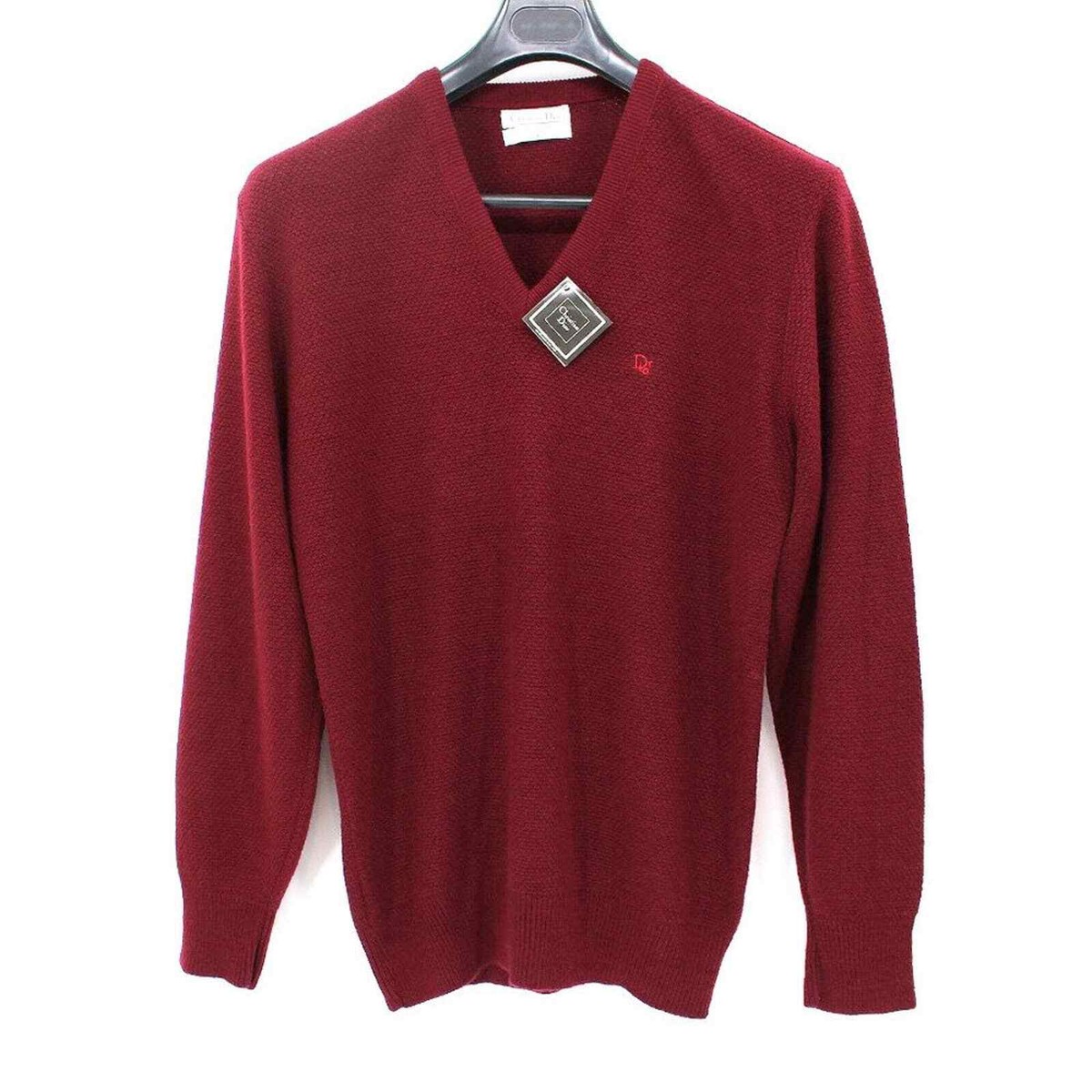 Christian Dior Wine Burgundy Woven Textured V-Neck Sweater XL NEW