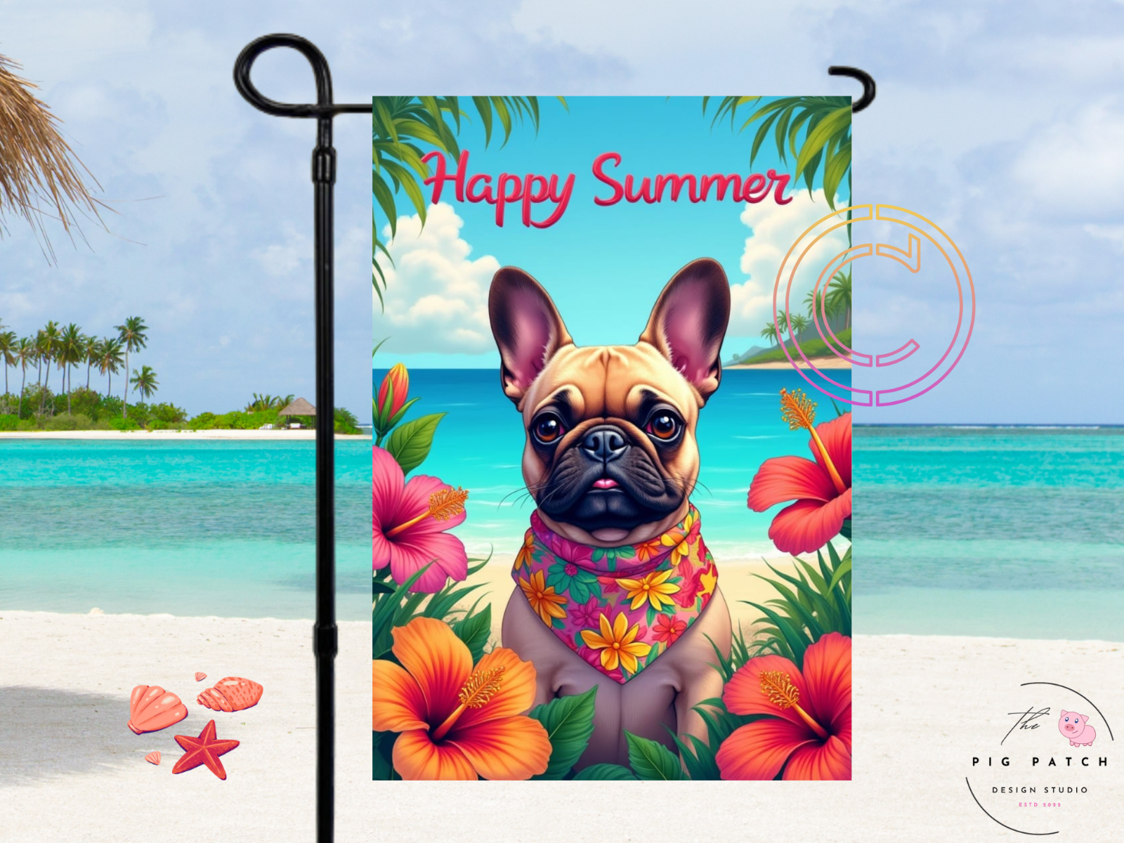 Happy Summer French Bulldog Dog Vibrant Yard Art Double Sided Garden Flag