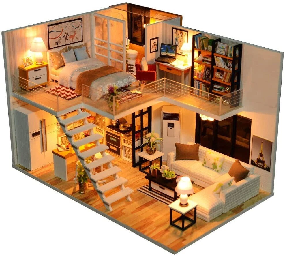  DIY Miniature Dollhouse Kit,UniHobby Time Apartment DIY  Dollhouse Kit with Wooden Furniture Light Gift House Toy for Adults : Toys  & Games