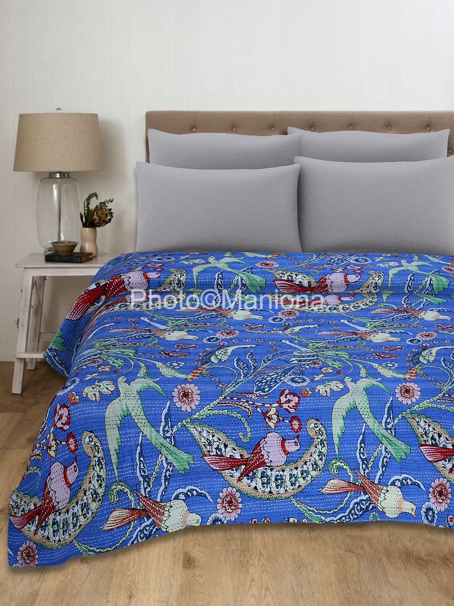 Indian Kantha Quilt Peacock Print Blue Cotton king size Bedspread