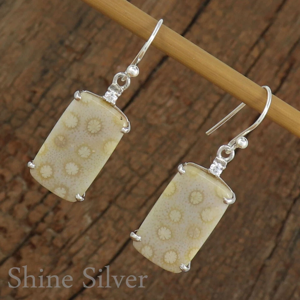 Natural Fossil Coral 925 Sterling Silver Dangle Drop Wedding Earrings FN242 - Image 2 of 3