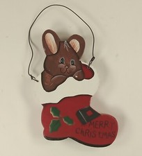 "Merry Christmas" Cute Bunny in Red Stocking Wooden Painted Christmas Ornament