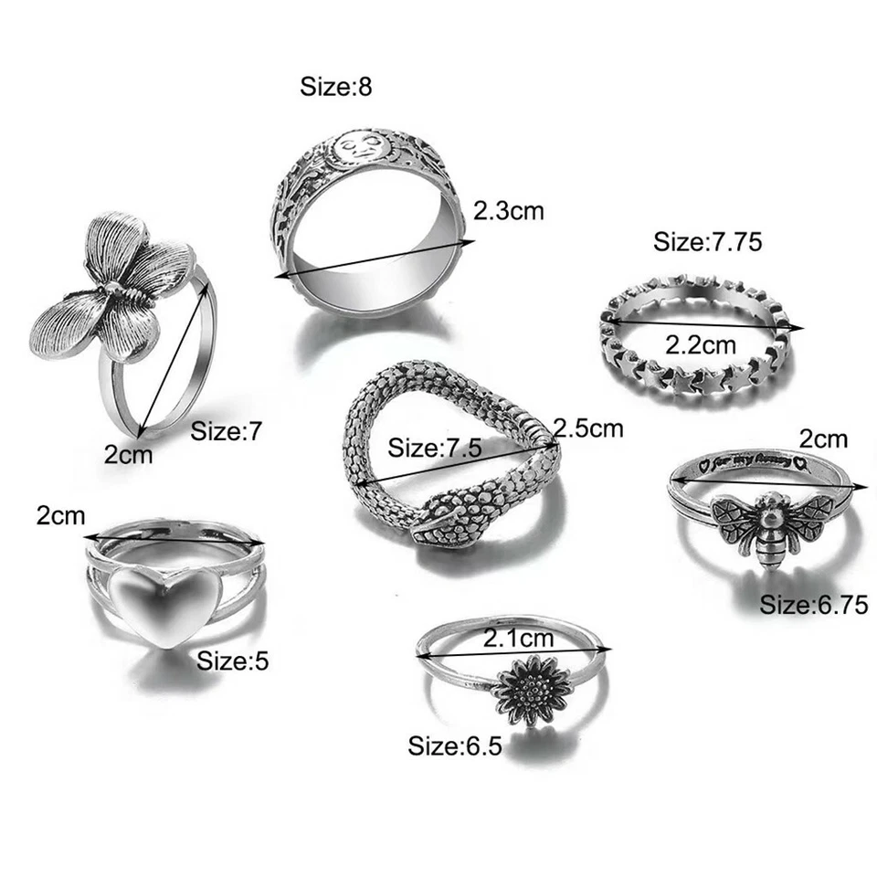 Juego de 7 piezas de anillos retro para dedos Pop Boho flores mariposa abeja corazón estilo anillo 0518 Foto 3 de 4