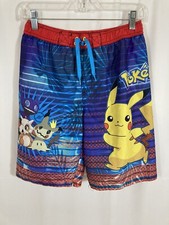 Pok mon Boy  s Swim Trunks Pikachu Striped Colorful Above The Knee Size 14/16