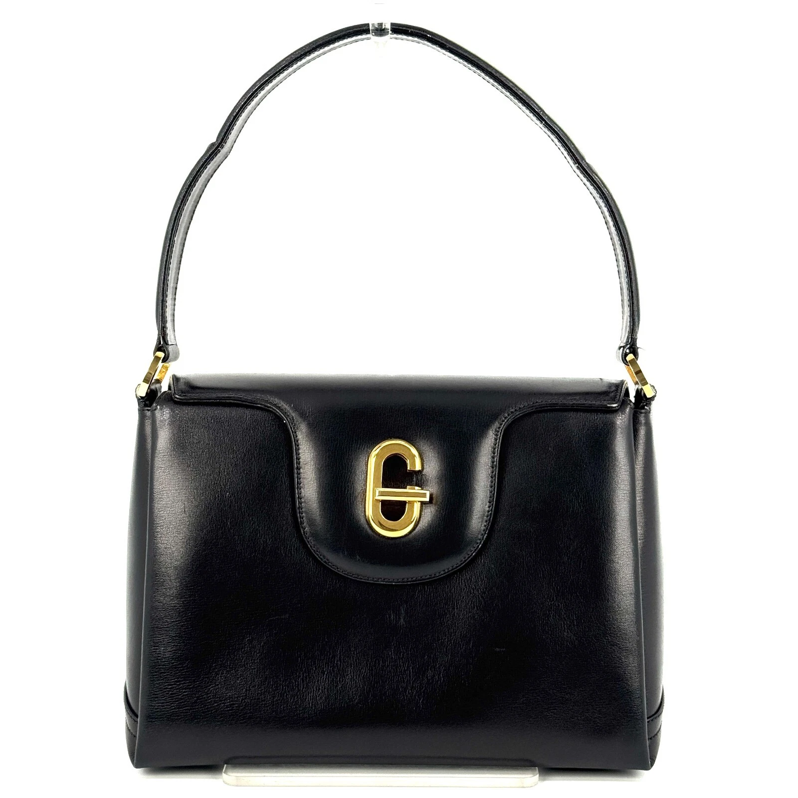 Borsa a tracolla vintage Gucci G Turn Lock a mano in pelle nera originale #374