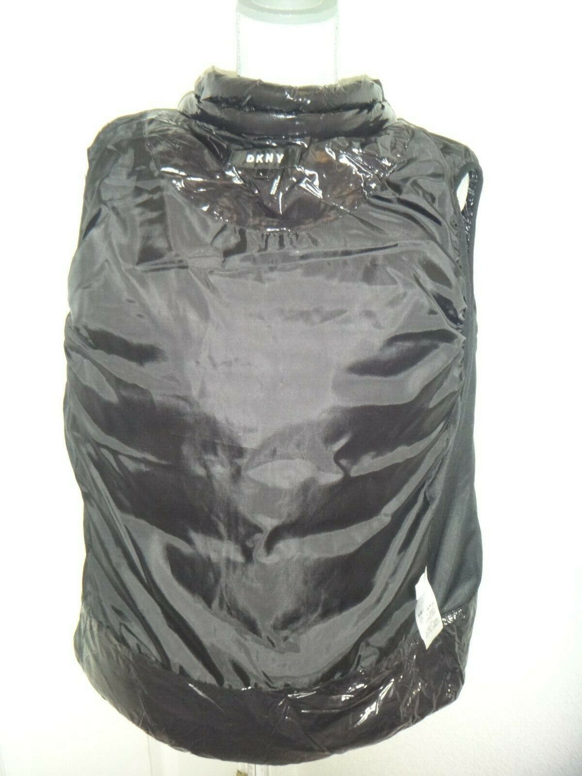DKNY Women's Zip Front Insulated Vest Black Shiny Nylon w/ Spandex Panels  Size L