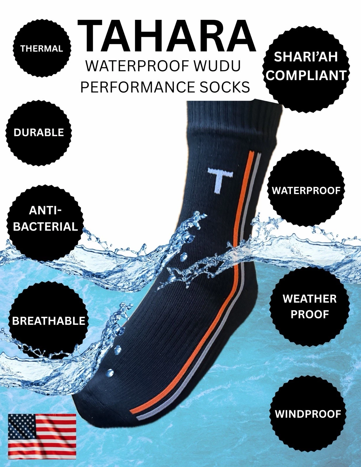 6 Tahara Waterproof Wudu (Masah)Socks,Sharia'h Compliant Large W/ Striped Design
