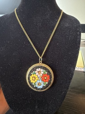 Vintage Italian Micromosaic Floral Pendant Necklace Gold Tone Chain Marked Italy