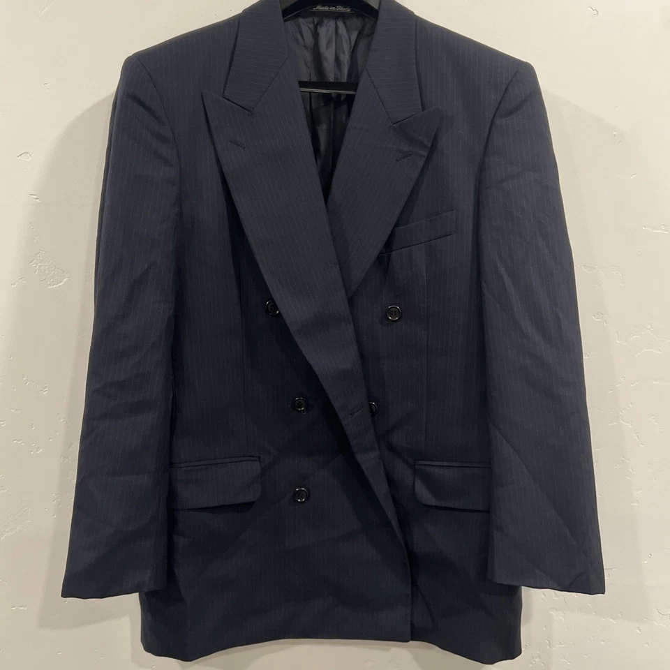 Chaqueta de traje vintage para hombre talla 40R Valentino doble botonadura azul marino a rayas Foto 4 de 4