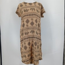 womans Vintage Boho Tan elephant Muumuu Caftan Maxi Dress Flowy size medium