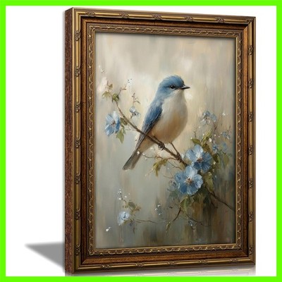 Gold Framed Bird Canvas Wall Art Vintage Blue Sparrow Painting Picture Wall D...