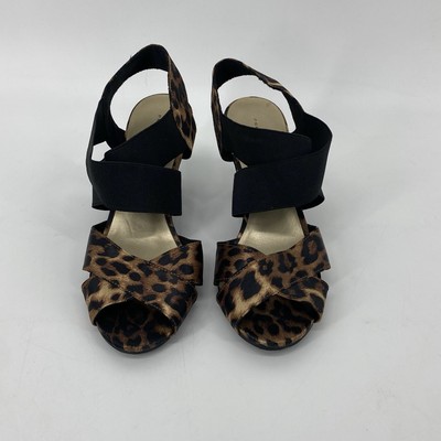 Predictions Preowned WomensWedge Sandal 7.5 Leopard Open Toe Satin Strappy Brown