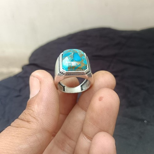 Handmade Sterling Silver Men Ring Natural Turquoise Gemstone Boho Jewelry