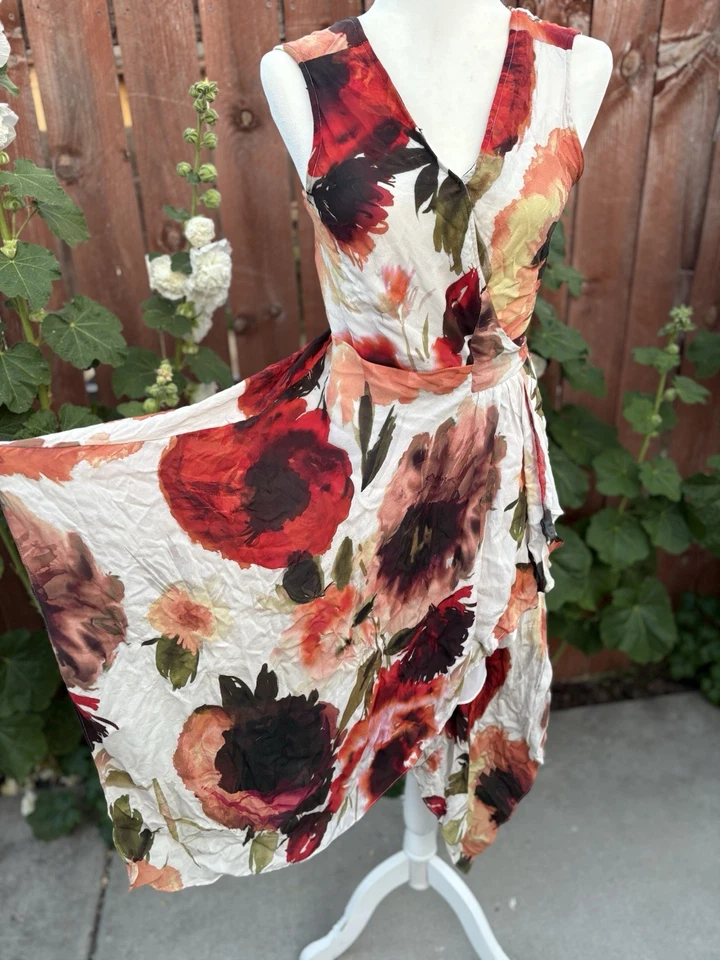 Vestido midi floral envolvente pañuelo estampado rosa seda hippie alto dobladillo talla pequeña Foto 2 de 4