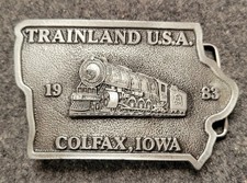 Trainland U.S.A Colfax, Iowa 1983 Pewter Belt Buckle. 4" x 2.5"