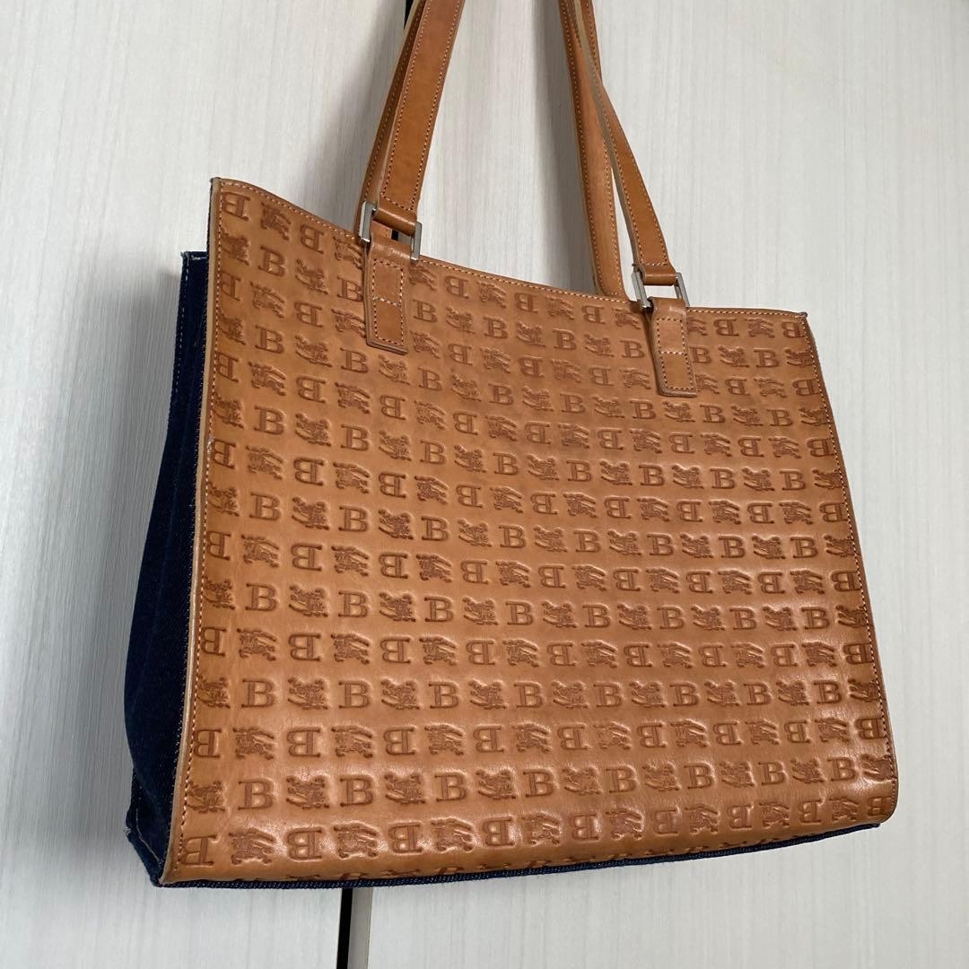 Burberry Blue Label Tote Bag Leather Denim Logo Embossed Handbag Black New thumbnail 5