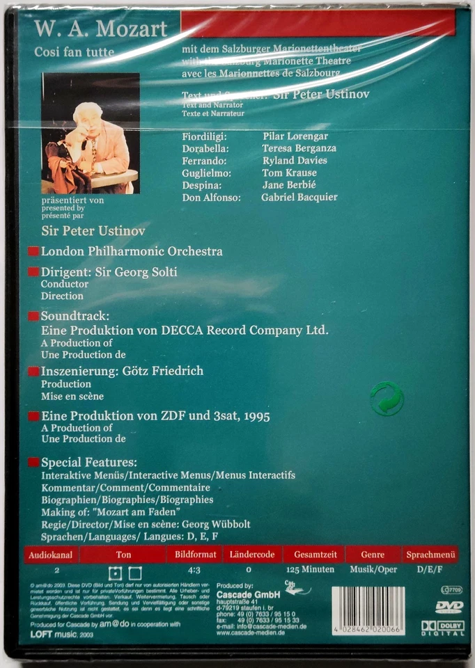 Mozart: Cosi Fan Tutte (2003) NEU, DVD, Pilar Lorengar, Teresa Berganza, Oper - Bild 2 von 2